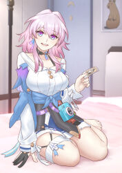 1girl absurdres acorn alternate_breast_size archery_shooting_glove arm_support badge barefoot black_choker black_corset black_gloves blue_eyes blue_jacket blue_skirt breasts button_badge buttons camera chinese_commentary choker commentary_request corset drawing_(object) dress_shirt earrings flower_ornament full_body gloves highres holding holding_drawing honkai:_star_rail honkai_(series) jacket jewelry large_breasts long_sleeves looking_at_viewer making-of_available march_7th_(honkai:_star_rail) march_7th_(preservation)_(honkai:_star_rail) medium_hair miniskirt multicolored_eyes on_bed open_mouth partially_fingerless_gloves pink_eyes pink_hair pleated_skirt shirt single_earring single_glove sitting skirt smile solo tattered_helmet_(polan_kui) teeth thigh_strap tied_jacket trailblazer_(honkai:_star_rail) two-tone_eyes upper_teeth_only white_shirt