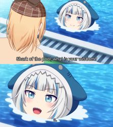 2girls a_(phrase) absurdres animal_hood blonde_hair blue_eyes blue_hair blue_hood blush deerstalker english_text gawr_gura gawr_gura_(1st_costume) grey_hair hat highres hololive hololive_english hood hood_up jan_azure looking_at_viewer medium_hair meme multicolored_hair multiple_girls open_mouth panzer_of_the_lake_(meme) partially_submerged pool poolside shark_hood sharp_teeth sidelocks streaked_hair teeth upper_teeth_only virtual_youtuber water watson_amelia watson_amelia_(1st_costume)