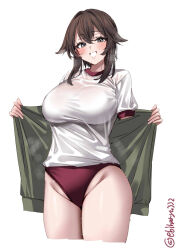 1girl artist_name blush breasts brown_hair buruma commentary_request cropped_legs ebifurya green_jacket groin hair_between_eyes hair_flaps hair_intakes hayasui_(kancolle) highres jacket kantai_collection large_breasts long_hair looking_at_viewer medium_hair one-hour_drawing_challenge open_clothes open_jacket opened_by_self red_buruma shirt short_hair short_hair_with_long_locks short_sleeves sidelocks simple_background smile solo steam steaming_body sweat thighs twitter_username white_background white_shirt