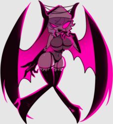 1girl bare_shoulders breasts demon_girl demon_horns demon_wings friday_night_funkin&#039; full_body genderswap genderswap_(mtf) gloves high_heels horns large_breasts legs_up leotard navel non-web_source nun one_eye_closed pigeon-toed pink_eyes selvena_(friday_night_funkin&#039;) smile thick_thighs thighhighs thighs white_background wings
