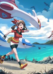 1girl ariekochan bandana black_shorts blue_eyes breasts brown_hair cloud commentary creatures_(company) dragon english_commentary english_text game_freak gen_3_pokemon gloves highres jacket latias latios legendary_pokemon may_(pokemon) medium_breasts medium_hair nintendo ocean open_mouth pokemon pokemon_(creature) pokemon_rse red_bandana red_jacket running sharpedo shorts tongue wailmer white_gloves wingull