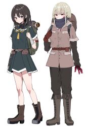 2girls absurdres backpack bag bandaged_arm bandages black_hair black_pants black_sailor_collar black_serafuku black_shirt black_skirt blue_eyes boots brown_boots brown_gloves brown_hair brown_jacket fold-over_boots gloves hand_up highres jacket layered_sleeves long_sleeves multiple_girls original pants piripun pleated_skirt red_eyes sailor_collar school_uniform serafuku shirt short_over_long_sleeves short_sleeves simple_background skirt standing sweat white_background