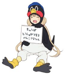 1girl animal_costume blonde_hair closed_eyes cosplay female_focus full_body futaba_anzu holding holding_sign idolmaster idolmaster_cinderella_girls long_hair nigou nippon_professional_baseball open_mouth penguin_costume sign simple_background sitting solo tokyo_yakult_swallows translation_request tsubakurou tsubakurou_(cosplay) very_long_hair white_background