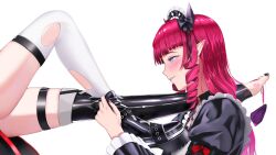 Rule 34 | 2girls, apron, blue eyes, blush, hakos baelz, hakos baelz (steel rose), highres, hololive, hololive english, horns, irys (hololive), irys (maid) (hololive), lipstick mark, lipstick mark on foot, long hair, luke s (artist), maid, maid apron, maid headdress, multiple girls, parted lips, pointy ears, purple hair, seductive smile, simple background, smile, virtual youtuber, white background, wings, yuri