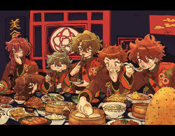6+boys absurdres ahoge ayase_mayoi bamboo_steamer black_hair braid brown_hair chinese_clothes chokki_01 chopsticks eating ensemble_stars! food food_on_face fork fried_rice green_hair hair_between_eyes highres hojo_raika holding holding_chopsticks holding_food holding_fork holding_plate long_hair long_sleeves morisawa_chiaki multiple_boys plate purple_hair sakuma_ritsu short_hair side_braid sleeping sweatdrop tenma_mitsuru tomoe_hiyori