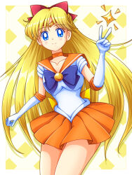 1girl aino_minako bishoujo_senshi_sailor_moon blonde_hair blue_eyes bow choker elbow_gloves gloves hair_bow highres jewelry long_hair looking_at_viewer magical_girl mimimix orange_skirt red_bow sailor_collar sailor_senshi_uniform sailor_venus skirt smile solo white_gloves