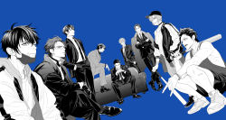 6+boys ace_of_diamond baseball_bat baseball_cap black_choker blue_background choker closed_eyes closed_mouth couch formal_clothes furuya_satoru gloves hat highres holding holding_baseball_bat hood hood_down hooded_jacket isashiki_jun jacket jewelry kominato_haruichi kominato_ryousuke kuramochi_youichi leg_up looking_at_viewer male_focus mask mask_pull miyuki_kazuya mouth_mask multiple_boys necklace necktie on_couch open_clothes open_jacket open_mouth pants parted_lips sawamura_eijun shoes short_hair shorts sideburns sitting spiked_hair squatting suit takigawa_chris_yuu tank_top twoframe vest visor wristband yuuki_tetsuya