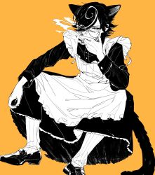 Rule 34 | 1boy, alternate costume, animal ears, apron, buttons, cat boy, cat ears, cat tail, chinese commentary, cigarette, commentary request, cookie run, cookie run: kingdom, covered mouth, crossdressing, crossdressing (mtf), dress, elbow rest, enmaided, espresso cookie, extra ears, fingernails, flipped hair, frilled apron, frills, from above, greyscale with colored background, hair over one eye, hand up, high contrast, highres, holding, holding cigarette, humanization, kemonomimi mode, knees up, loafers, long dress, long sleeves, looking at viewer, maid, maid apron, male focus, multicolored hair, one eye covered, orange background, petticoat, ribbed socks, shoes, short hair, simple background, sitting, slit pupils, smoke, smoking, socks, solo, spread legs, streaked hair, tail, tuko, two-tone hair, v-shaped eyebrows