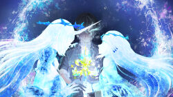 Rule 34 | 1boy, 2girls, armored gloves, black gloves, black hair, black jacket, blue background, cartethyia (wuthering waves), circle, commentary, covered face, crown of thorns, dual persona, earrings, faceless, faceless female, fleurdelys (wuthering waves), gloves, grey shirt, hand on another&#039;s hand, hand on another&#039;s shoulder, highres, holding, holding sword, holding weapon, horns, jacket, jewelry, kame chan, long hair, male rover (wuthering waves), multiple girls, open clothes, open jacket, pointy ears, rover (wuthering waves), shirt, single horn, sleeves rolled up, sword, very long hair, weapon, wuthering waves