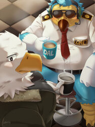 2boys animal_crossing apollo_(animal_crossing) artist_name aviator_sunglasses bad_id bad_twitter_id bara beak bird bird_boy black_jacket blush coffee coffee_mug cup dodo_(bird) eagle feather_fingers furry furry_male headphones holding holding_cup jacket male_focus mug multiple_boys muscular muscular_male nikiciy nintendo pectoral_cleavage pectorals pilot_uniform sitting smile steam sunglasses wilbur_(animal_crossing)