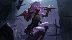 1girl ahoge artorias_(user_jgcc7782) bare_shoulders black_nails breasts briar_(league_of_legends) broken_door chained_wrists colored_sclera detached_sleeves door fingernails grey_hair hair_between_eyes hands_up highres kneehighs knife league_of_legends long_hair multicolored_hair nail_polish pink_hair pink_sclera pointy_ears sharp_fingernails sharp_teeth sitting small_breasts smile socks solo teeth tongue tongue_out two-tone_hair