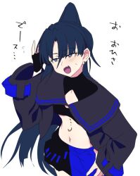 1girl ado_(utaite) bikini black_bikini black_gloves black_shirt blue_hair blue_skirt blush commentary_request earrings fang fingerless_gloves gloves hair_between_eyes jewelry long_hair naima_(ado) navel ohiyaglass open_clothes open_mouth open_shirt ponytail shirt single_glove skin_fang skirt solo stomach swimsuit usseewa