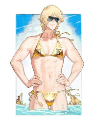 Rule 34 | 1boy, bikini, blonde hair, blue sky, bulge, char aznable, cloud, cloudy sky, cowboy shot, crossdressing, crossdressing (mtf), day, gold bikini, gundam, hands on own hips, male focus, mecha, mobile suit gundam, navel, ocean, outdoors, robot, short hair, side-tie bikini bottom, sky, smile, solo, starshadowmagician, string bikini, sunglasses, swimsuit, toned, toned male, wading, water