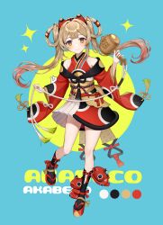 1girl ankle_strap black_socks blonde_hair blue_background closed_mouth full_body hair_rings highres japanese_clothes kimono kimono_skirt leg_ribbon light_brown_hair long_hair long_sleeves looking_at_viewer obi okobo original platform_sandals red_sandals ribbon sandals sash shide simple_background socks solo standing standing_on_one_leg tassel twintails usamochi. wide_sleeves yellow_eyes