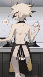 1girl apron back beak bird_girl bird_tail black_apron black_hair blush colored_tips commentary cooking dated egg english_commentary from_behind furry furry_female heart highres holding holding_egg holding_pan kaltespur kitchen looking_back multicolored_hair naked_apron open_mouth original signature solo spoken_heart stove tail white_hair yellow_eyes