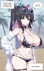 Rule 34 | 1girl, abigail (black survival), absurdres, armpits, bare shoulders, bikini, black bikini, black choker, black hair, black survival, breasts, choker, cleavage, colored inner hair, cowboy shot, eternal return: black survival, eyewear on head, flower, green eyes, hahyaha, hair flower, hair ornament, hairclip, half updo, halterneck, hand on own hip, heart, heart-shaped eyewear, highleg, highleg bikini, highres, jacket, key, korean text, large breasts, layered bikini, long hair, looking at viewer, multicolored hair, navel, off shoulder, official alternate costume, open clothes, open jacket, parted lips, pink bikini, purple hair, skindentation, solo, speech bubble, stomach, strap gap, streaked hair, string bikini, sunglasses, swimsuit, thigh strap, translation request, two-tone hair, white jacket