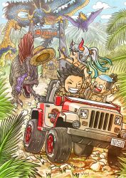 2girls 6+boys black_hair brachiosaurus brother_and_sister car closed_eyes day dinosaur dragon eastern_dragon english_text fleeing gradient_hair hat highres horns jurassic_park kaidou_(one_piece) king_(one_piece) kouzuki_momonosuke kumo_d7 long_hair monkey_d._luffy motor_vehicle mountain multicolored_hair multiple_boys multiple_girls one_piece oni_horns open_mouth outdoors pachycephalosaurus page_one_(one_piece) palm_tree parody pterosaur queen_(one_piece) sasaki_(one_piece) short_hair siblings smile spinosaurus straw_hat sweatdrop teeth topknot tree triceratops ulti_(one_piece) white_hair yamato_(one_piece)