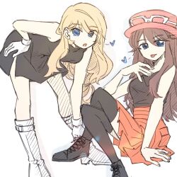 Rule 34 | 2girls, bent over, black dress, black thighhighs, blue eyes, boots, brown hair, cosplay, costume switch, dress, eyewear on headwear, gloves, green (pokemon), green (pokemon) (cosplay), hat, looking at viewer, multiple girls, nintendo, pink hat, pokemon, pokemon adventures, red skirt, riceball (gohan gin), serena (pokemon), serena (pokemon) (cosplay), shirt, sitting, skirt, sleeveless, sleeveless duster, sleeveless shirt, sunglasses, thighhighs, white-framed eyewear, white background, white boots, white gloves