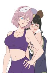 2girls anosillus_ii baseball_cap bike_shorts black_hair blue_eyes breasts crop_top glasses gridman_universe gridman_universe_(movie) hat highres large_breasts long_hair looking_at_viewer midriff mujina multiple_girls nikonishi official_alternate_costume one_eye_closed purple_shorts purple_sports_bra red_eyes short_hair shorts simple_background sleeveless smile sports_bra sportswear ssss.dynazenon sweat thighs upper_body visor_cap white_background