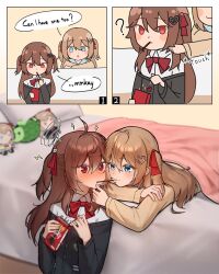 2girls ? @_@ ahoge blue_eyes blush brown_hair commission evil_neuro-sama food hair_ornament heart heart_hair_ornament highres incest lavidi long_hair lying multiple_girls neuro-sama on_bed on_stomach pocky pocky_kiss red_eyes shared_food siblings sisters squiggle twincest twins vedal987 vedal_ai virtual_youtuber yuri