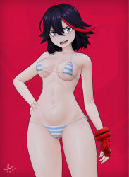 1girl 3d absurdres black_hair blender_(medium) blue_bra blue_eyes blue_panties bra breasts cameltoe collarbone commentary dated english_commentary fingerless_gloves gloves gluteal_fold hair_between_eyes hand_on_own_hip highres kill_la_kill kleymir looking_at_viewer lowleg lowleg_panties matoi_ryuuko medium_breasts micro_panties multicolored_hair navel open_mouth panties red_background red_gloves red_hair short_hair side-tie_panties signature single_glove solo standing streaked_hair string_bra string_panties striped_bra striped_clothes striped_panties thighs thong two-tone_hair underboob underwear underwear_only white_bra white_panties zoom_layer