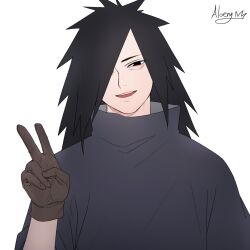 1boy black_eyes black_hair brown_gloves gloves hair_over_one_eye highres long_hair looking_at_viewer male_focus naruto_(series) naruto_shippuuden qjqjqjql signature simple_background smile solo spiked_hair uchiha_madara upper_body v white_background