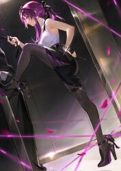 1girl 1other bare_arms bare_shoulders black_bow black_footwear black_pantyhose black_skirt bow bula_weibo clothes_grab commentary_request earrings eyewear_on_head floating_earring foot_against_wall foot_kabedon from_side hair_bow hand_on_own_hip high_heels highres honkai:_star_rail honkai_(series) jewelry kabedon kafka_(honkai:_star_rail) long_hair miniskirt nail_polish neckwear_grab pantyhose ponytail purple_eyes purple_hair purple_nails skirt solo_focus standing standing_on_one_leg sunglasses third-party_source