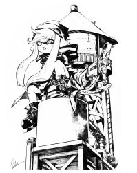 1girl absurdres beanie boots coat commentary full_body hat highres holding holding_weapon hood hood_down hooded_coat inkling inkling_girl inkling_player_character lace-up_boots long_hair long_sleeves looking_at_viewer mhxbump monochrome nintendo open_mouth pointy_ears shorts sitting solo splatoon_(series) symbol-only_commentary teeth tentacle_hair tetra_dualies_(splatoon) upper_teeth_only weapon