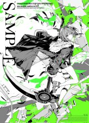 Rule 34 | 1girl, arknights, black sandals, character request, coat, copyright request, crystal fish, english text, greyscale with colored background, highres, holding, holding scythe, la pluma (arknights), looking at viewer, medium hair, sandals, scythe, short shorts, shorts, solo, thigh strap, thighs