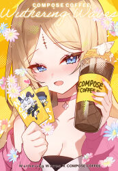 1girl apple_caramel blonde_hair blue_eyes blush brant_(wuthering_waves) breasts card cartethyia_(wuthering_waves) choker cleavage close-up commentary compose_coffee copyright_name cup english_commentary flower highres holding holding_card holding_cup jacket long_hair looking_at_viewer medium_breasts off_shoulder open_mouth parted_bangs pink_choker pink_jacket portrait single_bare_shoulder smile solo tacet_mark_(wuthering_waves) wuthering_waves yellow_background zani_(wuthering_waves)