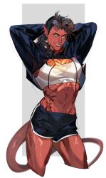Rule 34 | &gt;:), 1girl, absurdres, alternate costume, arms behind head, arms up, asymmetrical hair, baldur&#039;s gate, baldur&#039;s gate 3, black hair, black shorts, black shrug, border, bra, broken horn, colored skin, contemporary, contrapposto, cowboy shot, cropped legs, curled horns, demon girl, demon horns, demon tail, dolphin shorts, drawstring, from side, greensalad350, grey background, grin, highres, horns, karlach, looking to the side, medium hair, midriff, multicolored hair, muscular, muscular female, navel, outside border, pointy ears, red hair, red skin, scar, scar on stomach, sharp teeth, shorts, shrug (clothing), sidecut, simple background, slit pupils, smile, solo, sports bra, standing, streaked hair, tail, teeth, tiefling, two-tone hair, undercut, underwear, v-shaped eyebrows, white border, white bra, yellow eyes