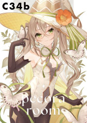 1girl absurdres animal animal_on_hand bare_shoulders breasts brown_gloves brown_pantyhose bug butterfly cape cleavage closed_mouth commentary_request covered_navel elbow_gloves flower gloves green_ribbon hat hat_flower highres insect leotard medium_breasts minasenagi neck_ribbon orange_flower original pantyhose ribbon smile solo twintails white_cape white_hat white_leotard witch witch_hat