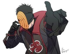 1boy akatsuki_uniform black_gloves gloves male_focus mask naruto_(series) naruto_shippuuden ninja short_hair simple_background solo spiked_hair tobi_(naruto) uchiha_obito upper_body white_background zifletts