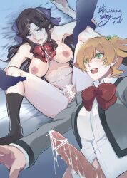 2girls blonde_hair brown_hair bukkake commission cum cum_in_pussy cum_on_body daiba_nana facial futa_with_female futanari green_eyes highres looking_up lying mirumiru multiple_girls nude pixiv_commission purple_eyes sex shoujo_kageki_revue_starlight tendou_maya thighs