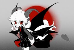 1girl black_skirt black_vest buttons closed_mouth colored_skin commentary demon_horns demon_tail demon_wings funamusea grey_background grey_shirt haiiro_teien highres horns long_hair looking_to_the_side necktie pleated_skirt rakko_shionigiri red_eyes red_necktie reficul_(funamusea) shirt skirt sleeves_past_wrists solo striped_clothes striped_shirt symbol-only_commentary tail vertical-striped_clothes vertical-striped_shirt vest white_hair white_skin wings