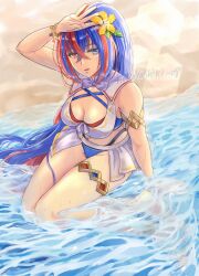 1girl armlet beach bikini blue_bikini blue_eyes blue_hair breasts cleavage commentary crossed_bangs female_alear_(fire_emblem) female_alear_(seaside_dragon)_(fire_emblem) fire_emblem fire_emblem_engage fire_emblem_heroes flower hair_between_eyes hair_flower hair_ornament heterochromia highres jewelry large_breasts long_hair looking_at_viewer multicolored_hair nekoyashiki_08 nintendo ocean official_alternate_costume official_alternate_hairstyle ponytail red_bikini red_eyes red_hair soaking_feet solo split-color_hair swimsuit symbol-only_commentary thighlet twitter_username two-tone_hair very_long_hair wet white_bikini