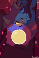 1other animal_ear_headwear animal_ears artist_name blue_hair blue_scarf building cat_ears closed_mouth colored_sclera dark_skin fake_animal_ears from_above hair_between_eyes highres holding imasiphy light_bulb medium_hair niko_(oneshot) oneshot_(game) other_focus pixel_art scarf skyscraper sleeves_past_wrists solo walking walkway yellow_sclera