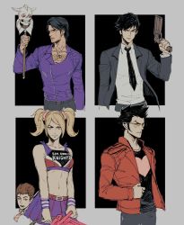 1girl belt black_hair blonde_hair blue_eyes breasts chainsaw cheerleader cleavage clothes_writing crop_top crossover dan_smith denim energy_sword garcia_hotspur gloves grasshopper_manufacture highres jacket jeans johnson_(shadows_of_the_damned) juliet_starling killer7 large_breasts lollipop_chainsaw long_hair midriff navel nick_carlyle no_more_heroes pants power_tool red_jacket severed_head shadows_of_the_damned shirt short_hair skirt sunglasses sword thighhighs tirtyturtle travis_touchdown twintails weapon