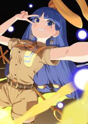 1girl absurdres belt belt_buckle black_belt black_thighhighs blue_eyes blue_hair brown_shirt brown_shorts buckle danmaku earrings facial_mark gold gradient_background grin hair_bobbles hair_ornament highres hoop_earrings jewelry long_hair looking_at_viewer michigami_nareko scepter shirt short_sleeves shorts smile solo thighhighs touhou triangle triangle_facial_mark usekh_collar usuaji v