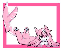absurdres animal_hands black_eyes fins fish_tail furry furry_female ghwost highres kaiju_paradise legs_up long_hair lying on_stomach pink_eyes pink_hair roblox shark shark_girl shark_tail tail white_hair