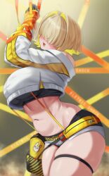 1girl blonde_hair bound bound_arms breasts cropped_sweater curvy elegg_(nikke) goddess_of_victory:_nikke hair_intakes hair_over_eyes highres large_breasts micro_shorts multicolored_hair navel open_mouth reilong short_hair shorts solo sweatdrop sweater thick_thighs thighs white_shorts white_sweater