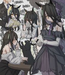 1boy 1girl absurdres ahoge alternate_costume animal_ears black_cat black_dress black_hair black_skirt bonnet cat commentary_request cup dress ear_tag gloves hair_between_eyes hair_over_one_eye highres holding holding_cup holding_umbrella horse_ears horse_girl leogust long_hair long_hair_between_eyes manhattan_cafe_(umamusume) mug multicolored_hair shirt skirt table two-tone_hair umamusume umbrella white_gloves white_hair white_shirt yellow_eyes