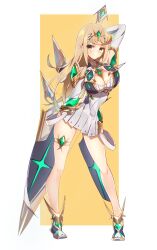 1girl absurdres aegis_sword_(xenoblade) arm_behind_back arm_behind_head blonde_hair boqee breasts chest_jewel cleavage cleavage_cutout closed_mouth clothing_cutout commentary core_crystal_(xenoblade) dress elbow_gloves full_body gem gloves gold_trim greatsword green_gemstone highres holding holding_sword holding_weapon large_breasts long_hair looking_at_viewer mythra_(xenoblade) shoes smile solo standing sword thigh_strap tiara two-tone_background weapon white_background white_dress white_gloves white_shoes xenoblade_chronicles_(series) xenoblade_chronicles_2 yellow_background yellow_eyes