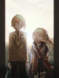 1boy 1girl absurdres black_border blazer blonde_hair blue_sailor_collar blue_skirt blurry border closed_eyes collared_shirt dawn dress floating_hair hair_between_eyes height_difference highres jacket kaiinu leg_tattoo looking_at_viewer makaino_ririmu makaino_ririmu_(4th_costume) neckerchief necktie nijisanji outdoors pants pink_jacket pleated_dress red_neckerchief sailor_collar school_uniform serafuku shirt short_hair skirt smile sun tattoo uzuki_kou uzuki_kou_(3rd_costume) virtual_youtuber white_shirt wind winged_heart_tattoo