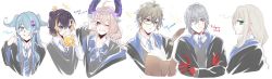 2boys 4girls ahoge aia_amare bird_girl black_hair blonde_hair blue_eyes blue_hair blue_necktie blue_wings blush book bow cardigan character_name cloak collarbone collared_shirt cross-shaped_pupils cross_hair_ornament cyborg dragon_girl dress_shirt ear_piercing elira_pendora enna_alouette eyewear_strap facial_tattoo fish_hair_ornament floating floating_object flower foam_mustache fulgur_ovid glasses gradient_hair green_eyes grey_eyes grey_hair grey_sweater hair_bow hair_bun hair_flower hair_ornament harry_potter_(series) head_wings highres hogwarts_school_uniform hood hooded_cloak ike_eveland long_hair looking_at_viewer loose_necktie mechanical_arms multicolored_hair multiple_boys multiple_girls necktie nijisanji nijisanji_en one_eye_covered petra_gurin piercing purple_eyes purple_wings quill ravenclaw school_uniform shirt short_hair smile snowflake_hair_ornament streaked_hair sweater symbol-shaped_pupils tattoo virtual_youtuber white_hair wings wizarding_world yukishiro_(boma_winter)