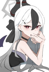 Rule 34 | absurdres, arm rest, black bow, black choker, black dress, black horns, black nails, black streaks, blue archive, bow, choker, demon horns, demon wings, dress, ear piercing, gradient hair, grey hair, grey halo, hair ornament, hairclip, halo, highres, horns, kayoko (blue archive), kayoko (dress) (blue archive), long hair, lying, multicolored hair, nak, official alternate costume, on stomach, piercing, purple wings, red eyes, single wing, strapless, strapless dress, studded choker, tube dress, two-tone hair, upper body, white background, white hair, wings