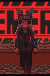 Rule 34 | 1girl, animal ears, bat ears, bat girl, belt, blue jumpsuit, bottle, brown eyes, brown hair, brown long-eared bat (kemono friends), extra ears, grey hair, highres, jumpsuit, kemono friends, kemono friends v project, long hair, looking at viewer, mouthwash, mouthwashing, multicolored hair, onaji (sokudo seigen), parody, red background, shirt, shoes, solo, streaked hair, virtual youtuber