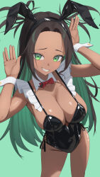 1girl absurdres animal_ears arms_up black_hair black_leotard blush bow bowtie breasts cleavage colored_inner_hair commission covered_navel dark-skinned_female dark_skin detached_collar fake_animal_ears foforo green_eyes highleg highleg_leotard highres large_breasts leotard long_hair looking_at_viewer mixed-language_commentary multicolored_hair original pixiv_commission playboy_bunny rabbit_ears rabbit_pose smile solo strapless strapless_leotard wrist_cuffs