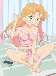 Rule 34 | 1girl, :d, absurdres, bare arms, bare legs, bare shoulders, barefoot, breasts, camisole, cellphone, collarbone, commentary, curtains, full body, green eyes, highres, indoors, light blush, long hair, looking at viewer, medium breasts, midriff, navel, on bed, open mouth, orange hair, phone, pink camisole, pink shorts, ruri no houseki, short shorts, shorts, sitting, smartphone, smile, solo, spaghetti strap, strap slip, tanigawa ruri, tsurasugu, very long hair