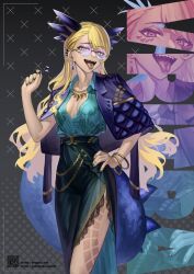 Rule 34 | 1girl, artist name, belt, blonde hair, body markings, bracelet, breasts, candy, character name, cleavage, coat, collarbone, collared shirt, dark-skinned female, dark skin, dragon girl, dragon horns, dragon nts, dragon tail, dress, ear piercing, earrings, facial mark, fate/grand order, fate (series), floral print, food, gold necklace, gradient nails, green belt, green skirt, hand on own hip, high-waist skirt, highres, holding, holding candy, holding food, holding lollipop, horn piercing, horns, jewelry, leaf print, lollipop, long hair, long skirt, looking at viewer, necklace, open mouth, piercing, purple coat, qr code, round eyewear, sharp teeth, shirt, skirt, smile, solo, standing, tail, teeth, thighs, tongue, tongue out, tongue piercing, upper teeth only, vritra (fate), yellow eyes